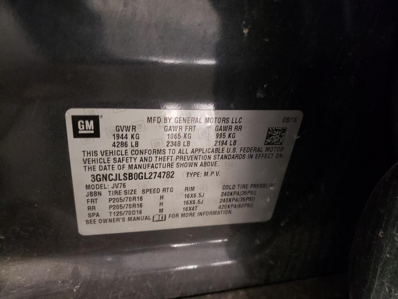 2016 Chevrolet Trax 1Lt VIN: 3GNCJLSB0GL274782 Lot: 57205004