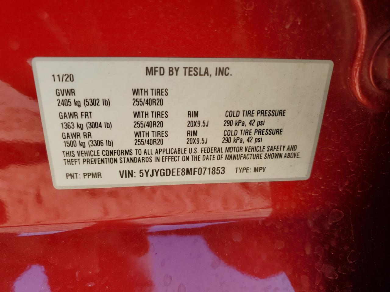 5YJYGDEE8MF071853 2021 Tesla Model Y