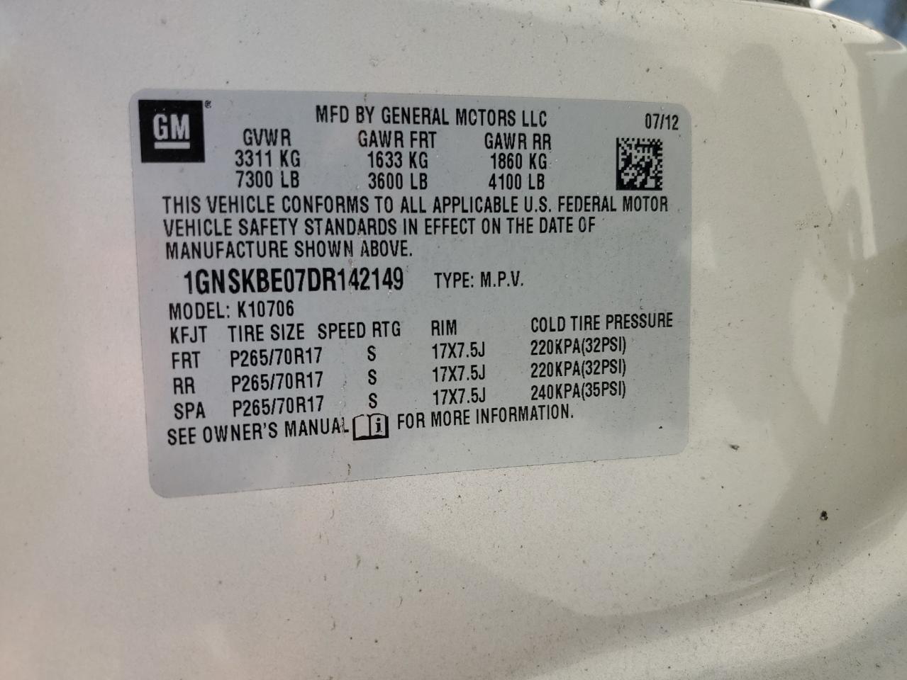 2013 Chevrolet Tahoe K1500 Lt VIN: 1GNSKBE07DR142149 Lot: 60915124