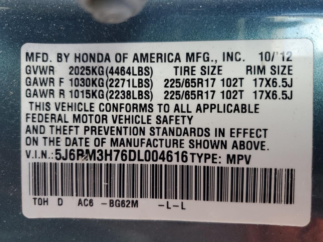 2013 Honda Cr-V Exl VIN: 5J6RM3H76DL004616 Lot: 94533665