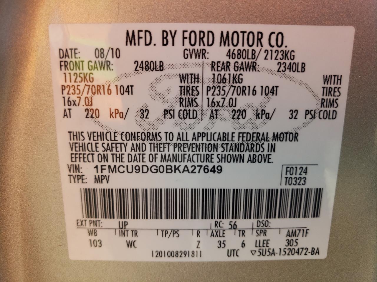 1FMCU9DG0BKA27649 2011 Ford Escape Xlt