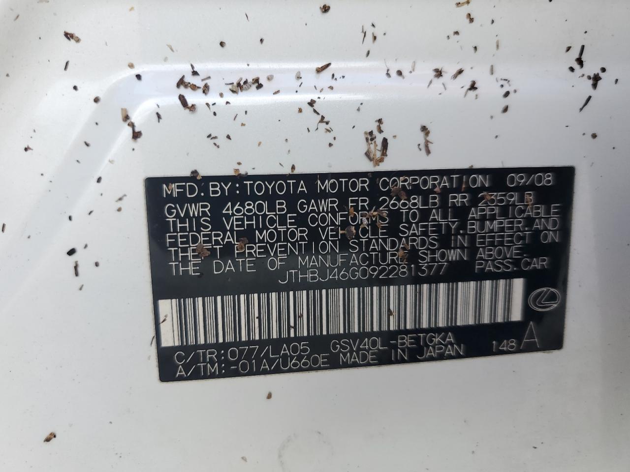 2009 Lexus Es 350 VIN: JTHBJ46G092281377 Lot: 60591834