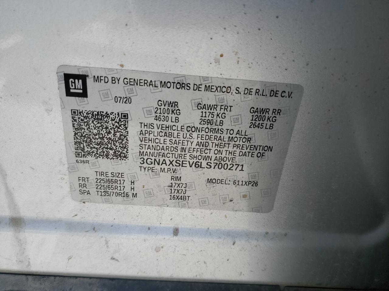 2020 Chevrolet Equinox Ls VIN: 3GNAXSEV6LS700271 Lot: 58836454