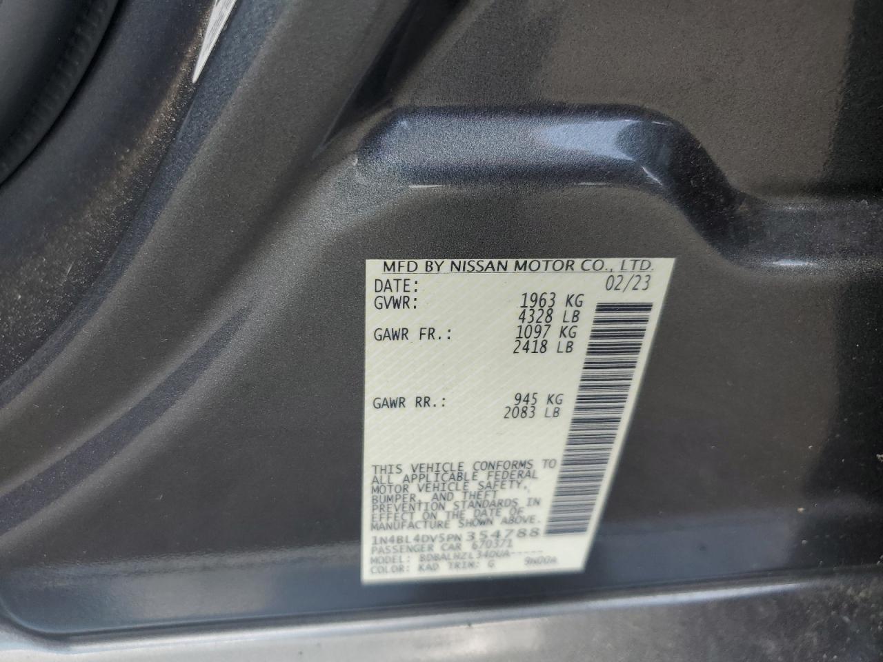 2023 Nissan Altima Sv VIN: 1N4BL4DV5PN354788 Lot: 59360154