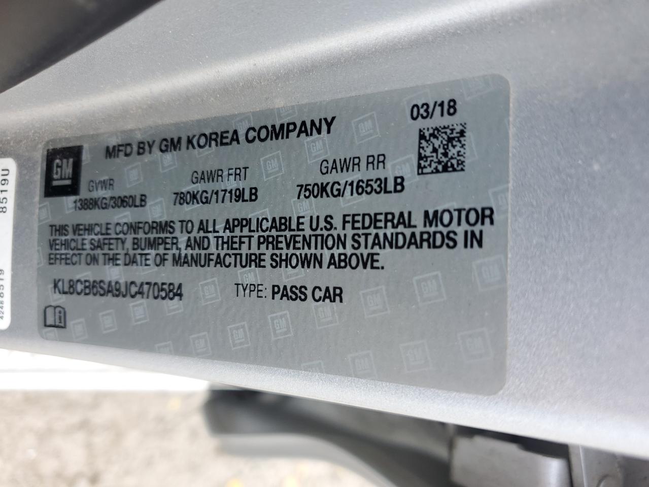 2018 Chevrolet Spark Ls VIN: KL8CB6SA9JC470584 Lot: 60081684