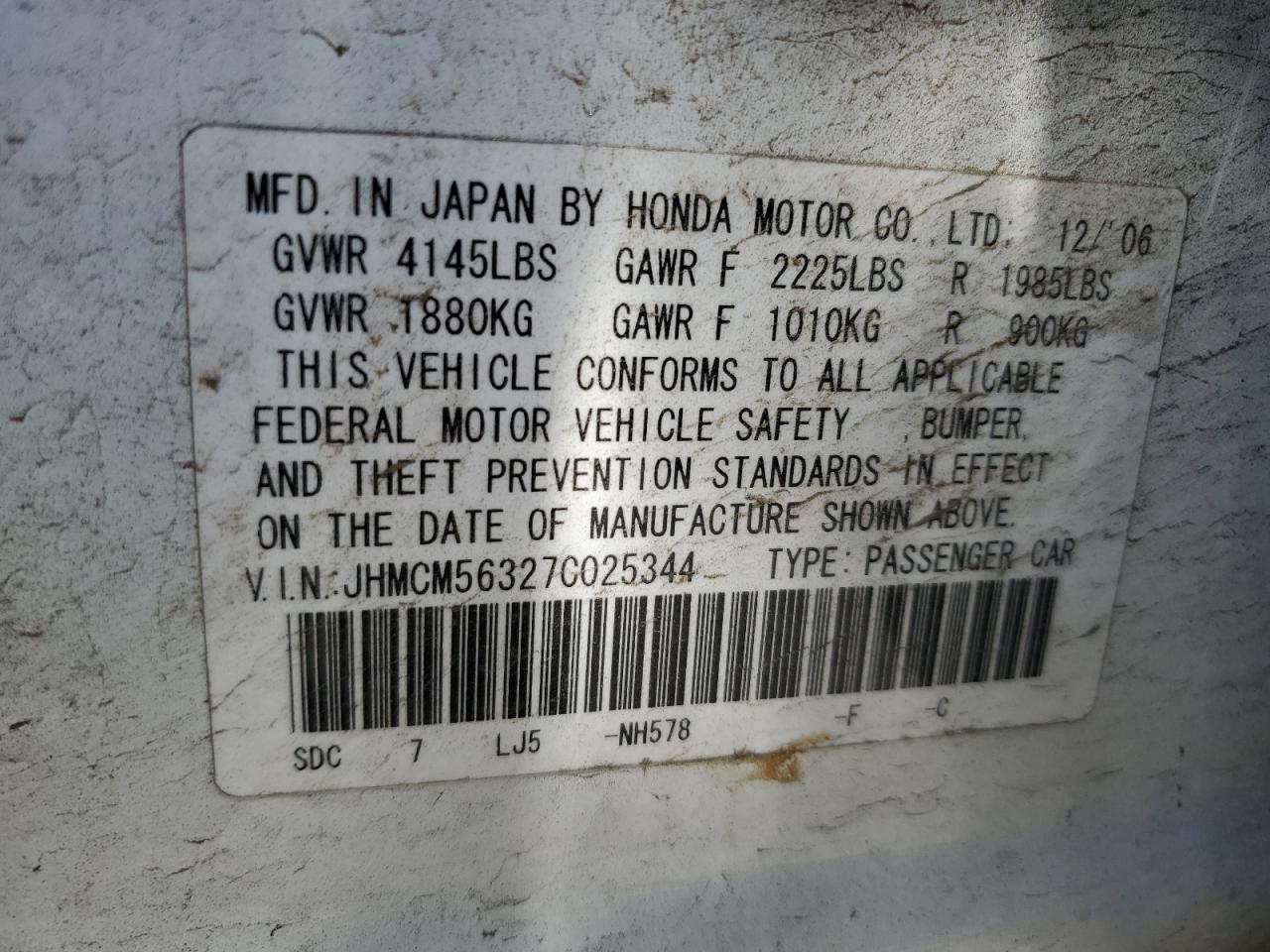 2007 Honda Accord Se VIN: JHMCM56327C025344 Lot: 57867484