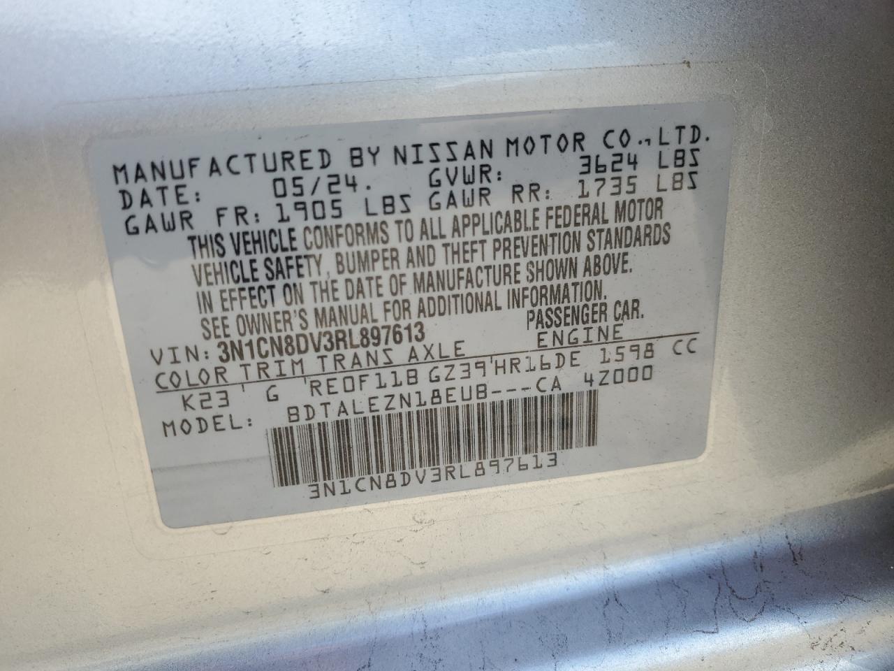 3N1CN8DV3RL897613 2024 Nissan Versa S