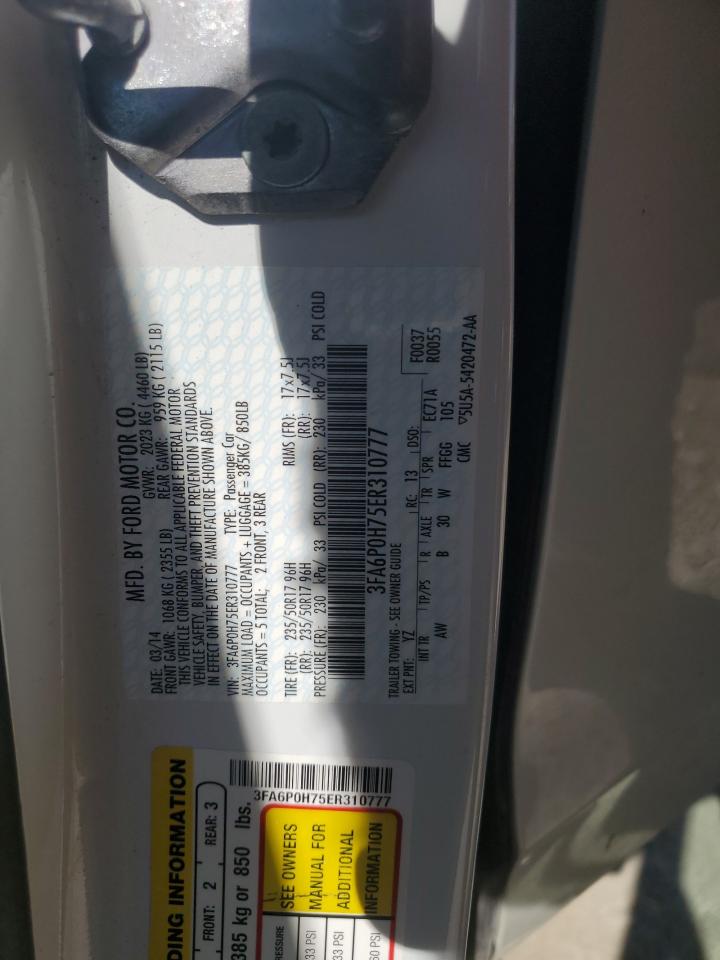 2014 Ford Fusion Se VIN: 3FA6P0H75ER310777 Lot: 60749164