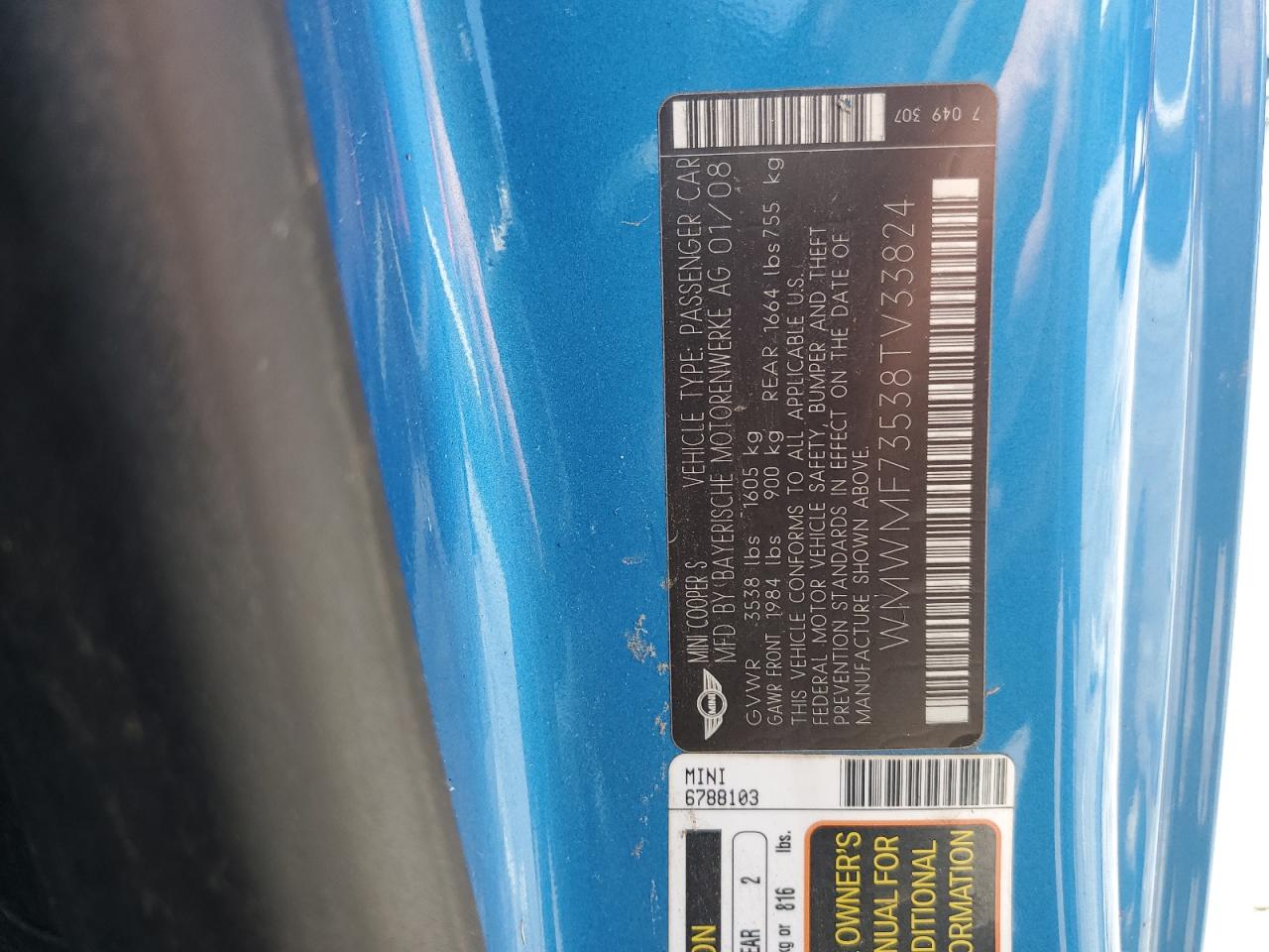 2008 Mini Cooper S VIN: WMWMF73538TV33824 Lot: 58249834