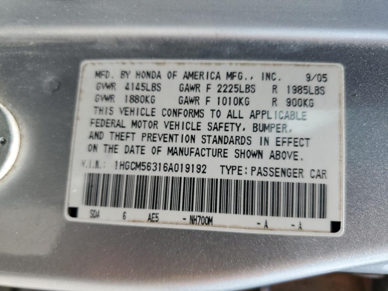 2006 Honda Accord Se VIN: 1HGCM56316A019192 Lot: 59063384