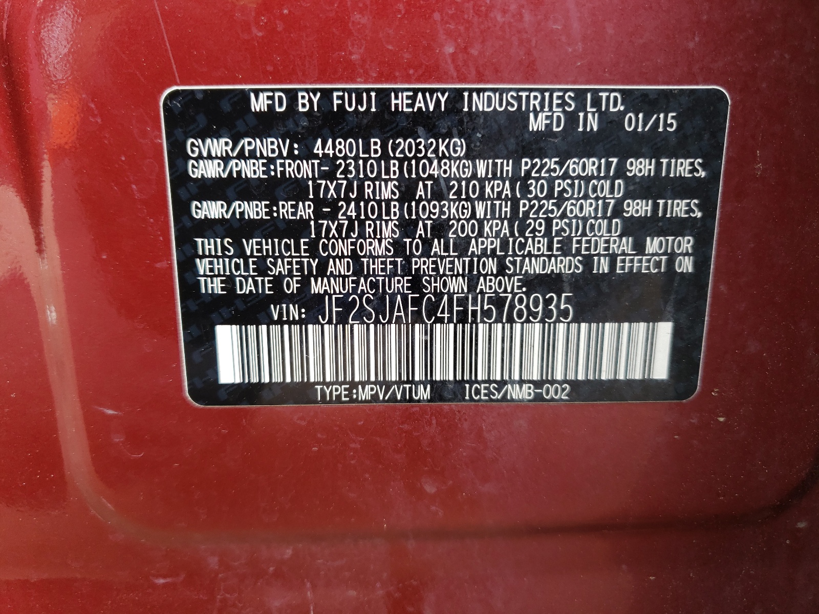 JF2SJAFC4FH578935 2015 Subaru Forester 2.5I Premium