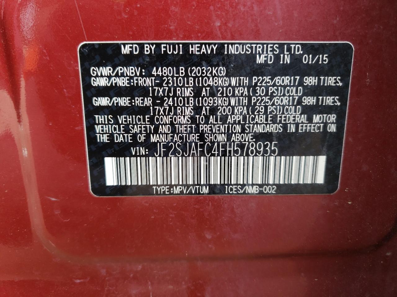 2015 Subaru Forester 2.5I Premium VIN: JF2SJAFC4FH578935 Lot: 59577084