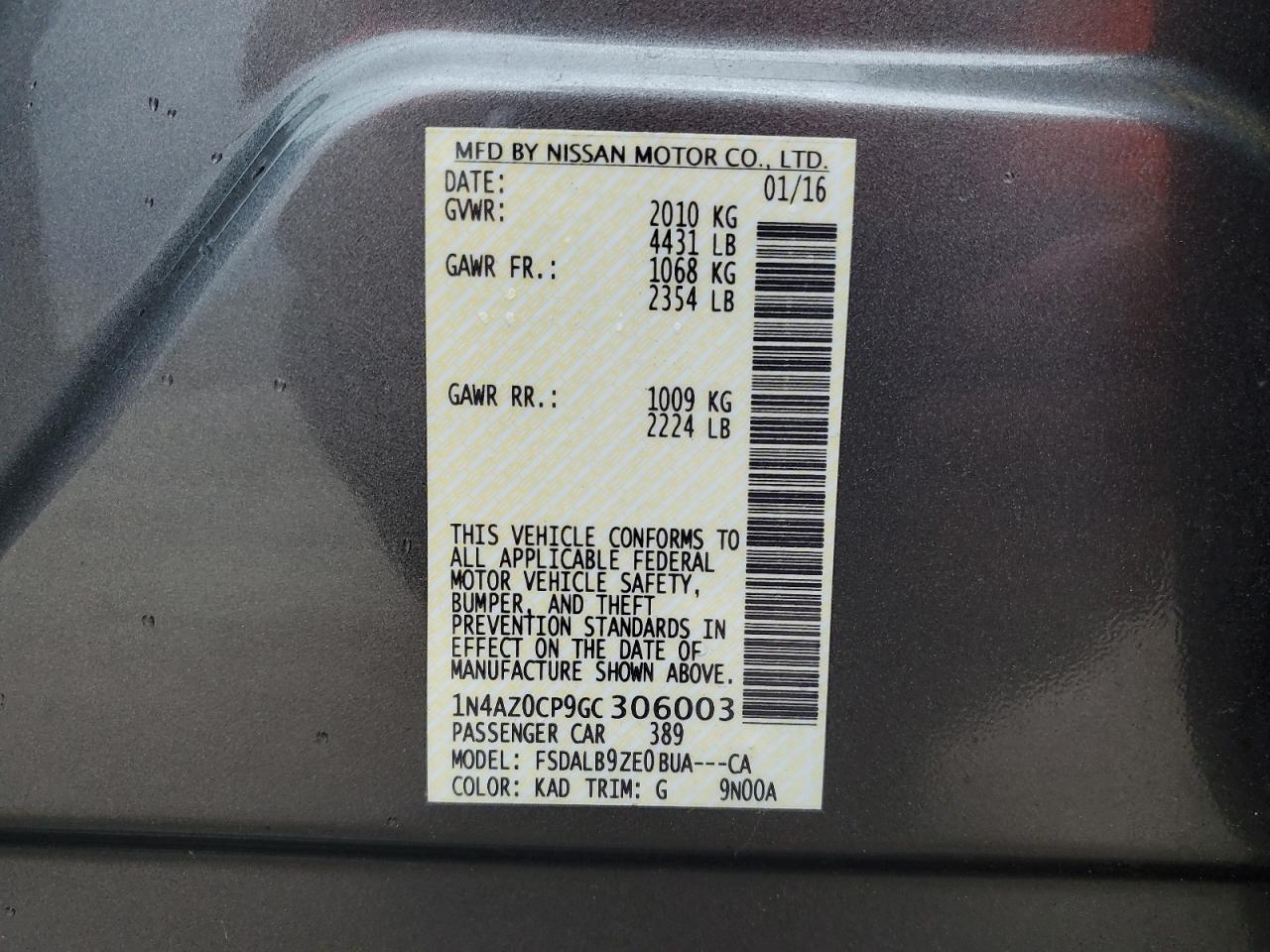 2016 Nissan Leaf S VIN: 1N4AZ0CP9GC306003 Lot: 57394094