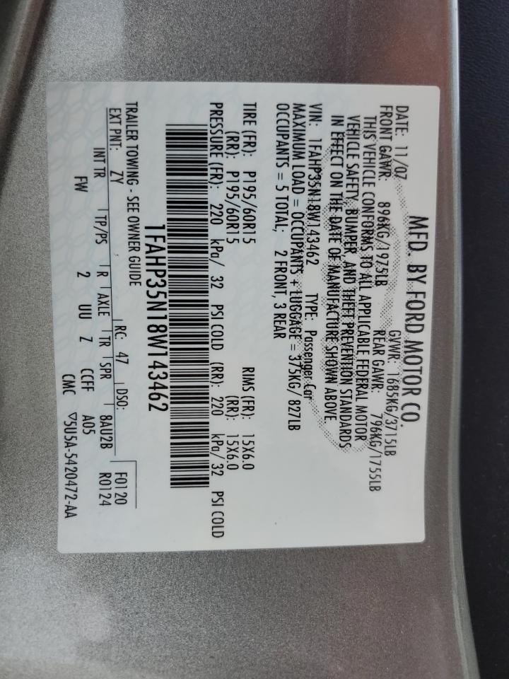 2008 Ford Focus Se VIN: 1FAHP35N18W143462 Lot: 57198834