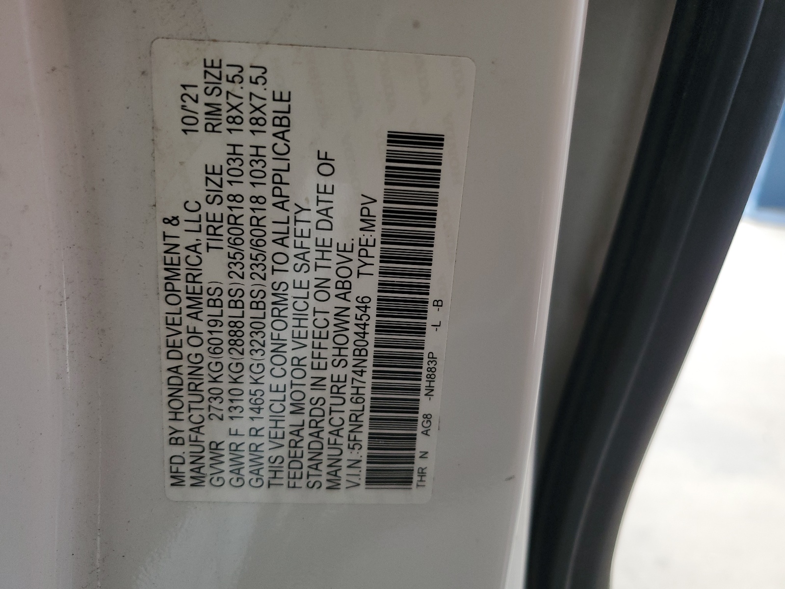 5FNRL6H74NB044546 2022 Honda Odyssey Exl