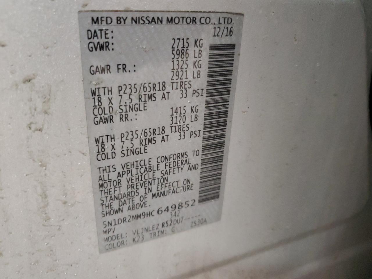 2017 Nissan Pathfinder S VIN: 5N1DR2MM9HC649852 Lot: 58678374