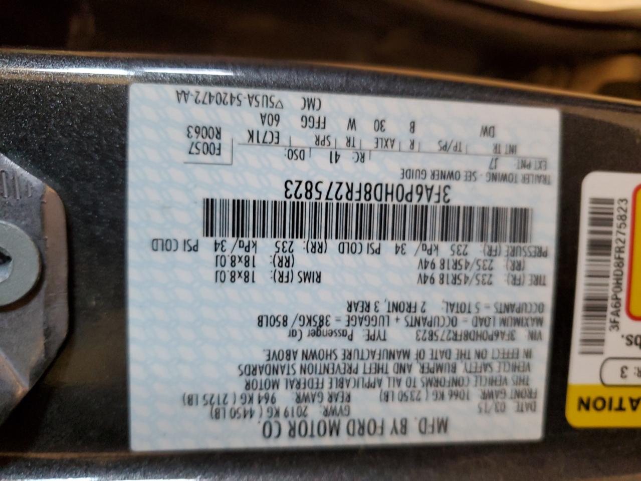 2015 Ford Fusion Se VIN: 3FA6P0HD8FR275823 Lot: 59238664