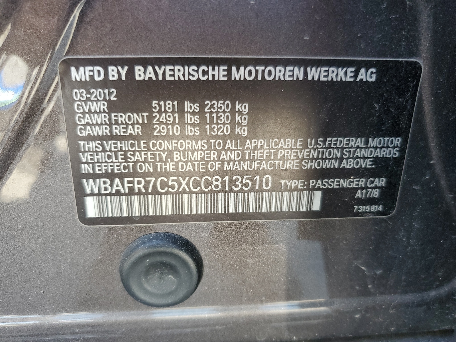 WBAFR7C5XCC813510 2012 BMW 535 I