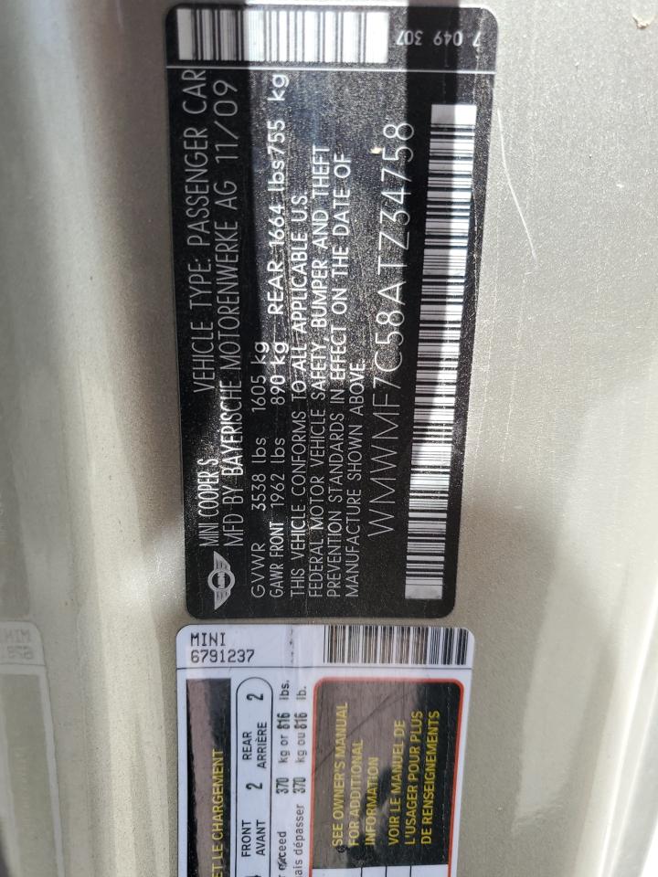 2010 Mini Cooper S VIN: WMWMF7C58ATZ34758 Lot: 59180764