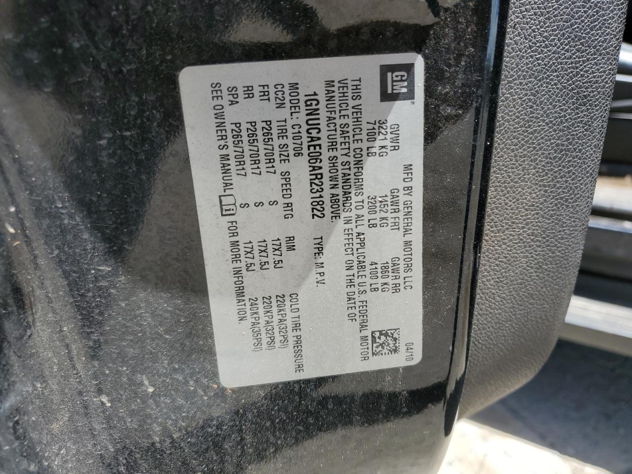 2010 Chevrolet Tahoe C1500 Ls VIN: 1GNUCAE06AR231822 Lot: 59210184