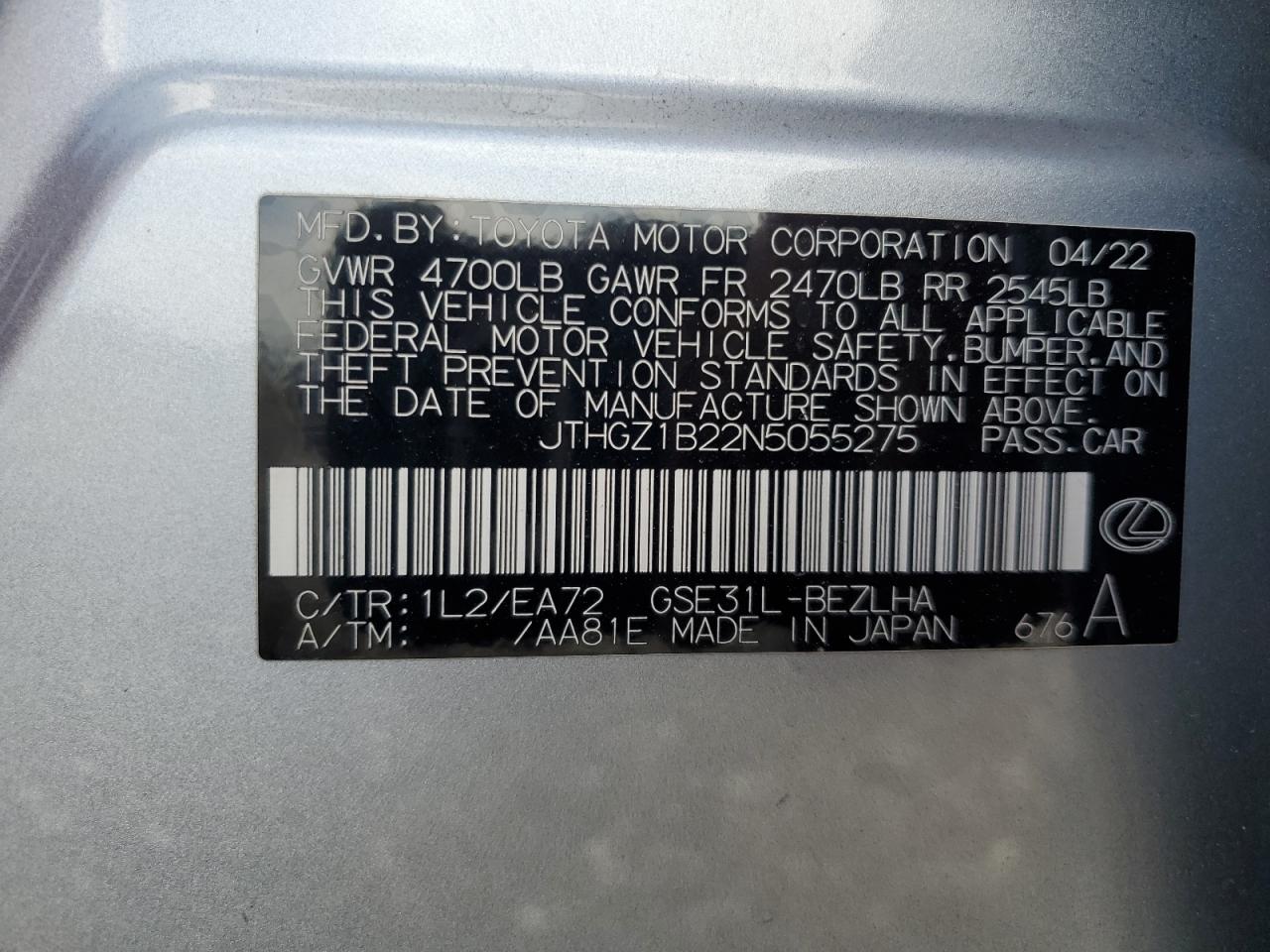 2022 Lexus Is 350 F-Sport VIN: JTHGZ1B22N5055275 Lot: 56790674