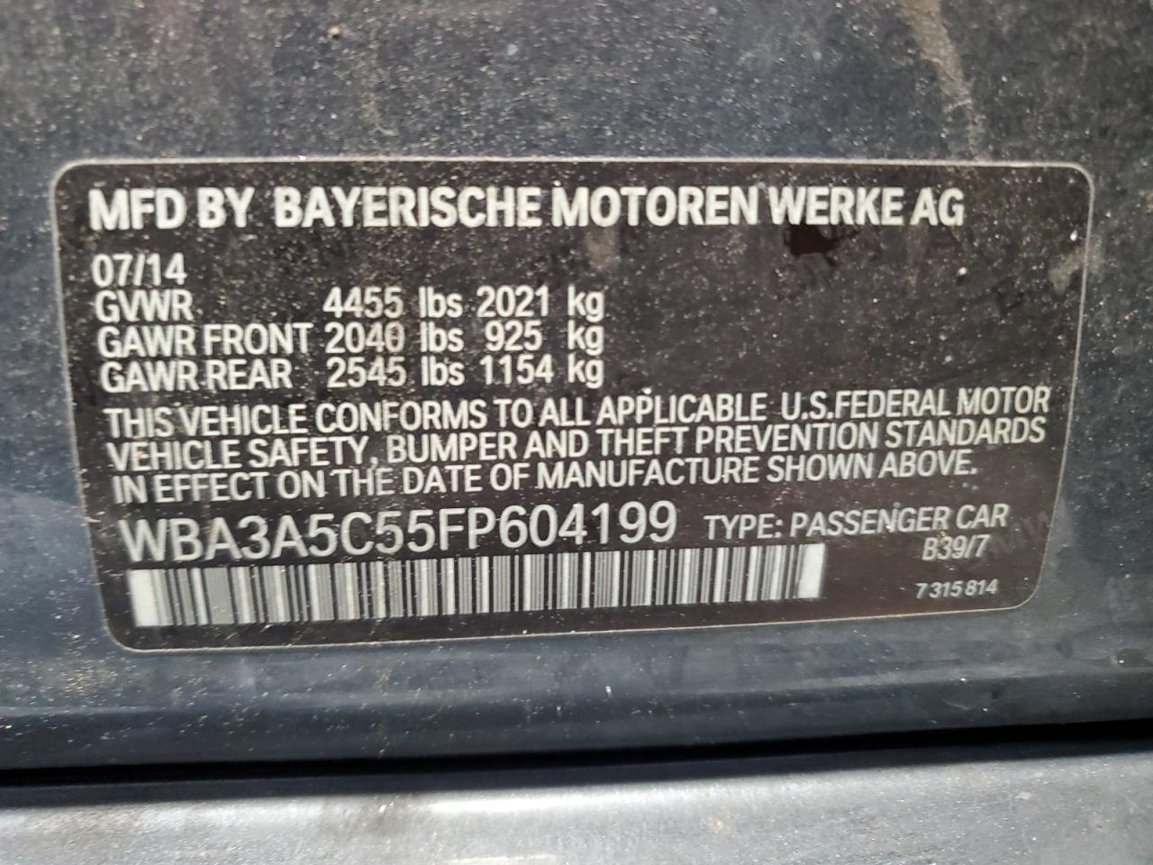 2015 BMW 328 I VIN: WBA3A5C55FP604199 Lot: 59098684