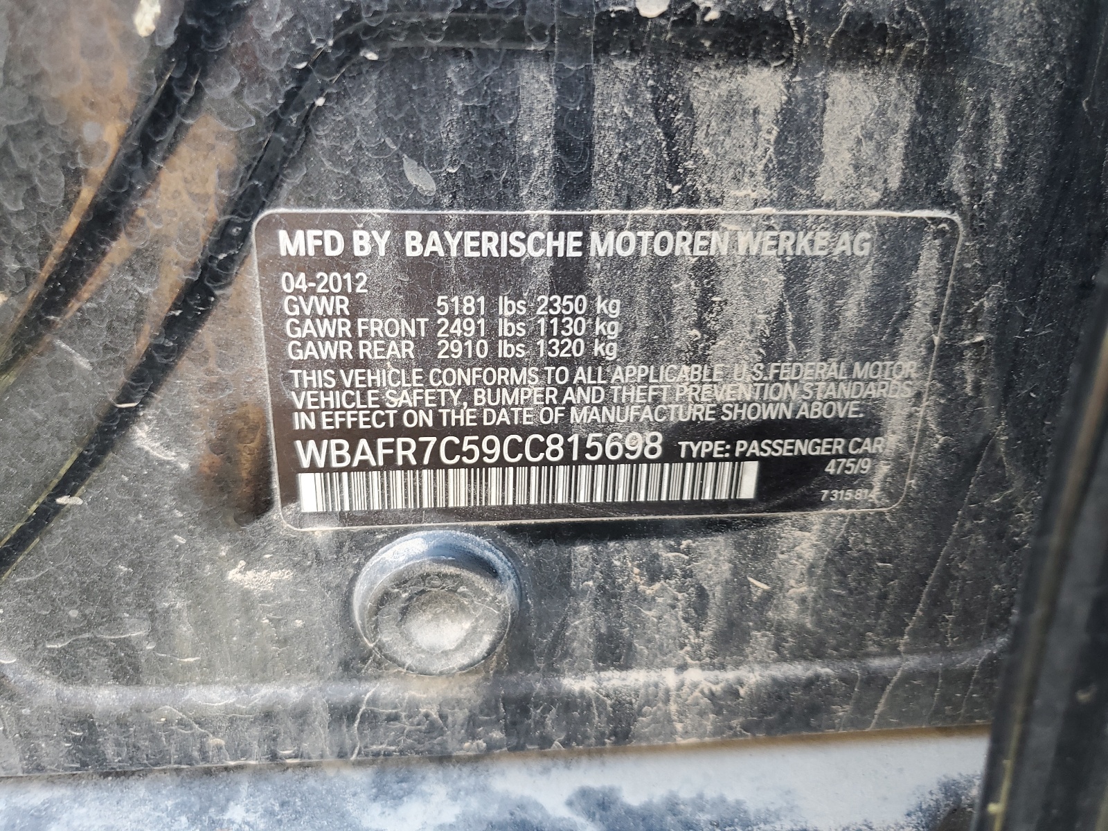 WBAFR7C59CC815698 2012 BMW 535 I