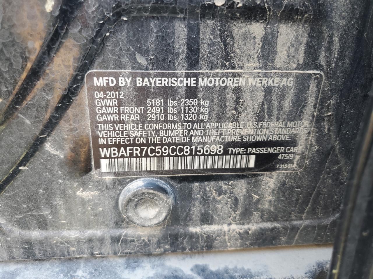 2012 BMW 535 I VIN: WBAFR7C59CC815698 Lot: 58501054