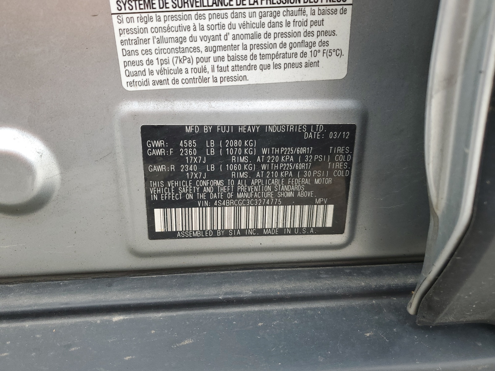 4S4BRCGC3C3274775 2012 Subaru Outback 2.5I Premium