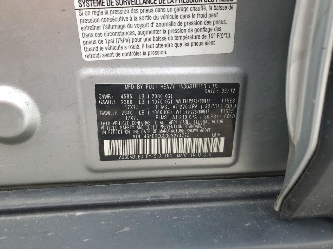 2012 Subaru Outback 2.5I Premium VIN: 4S4BRCGC3C3274775 Lot: 59516544