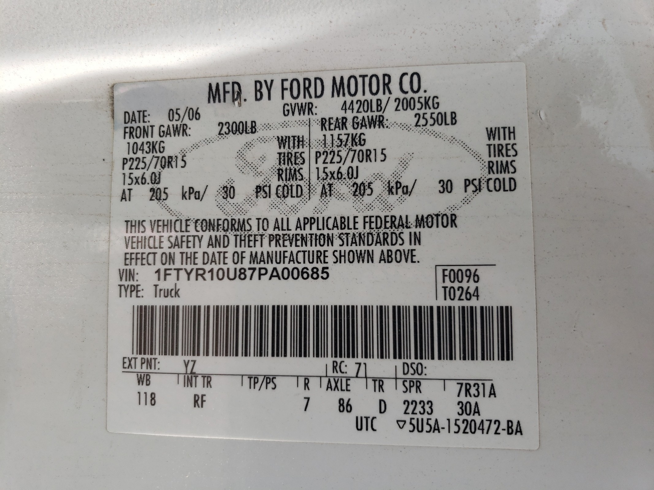 1FTYR10U87PA00685 2007 Ford Ranger