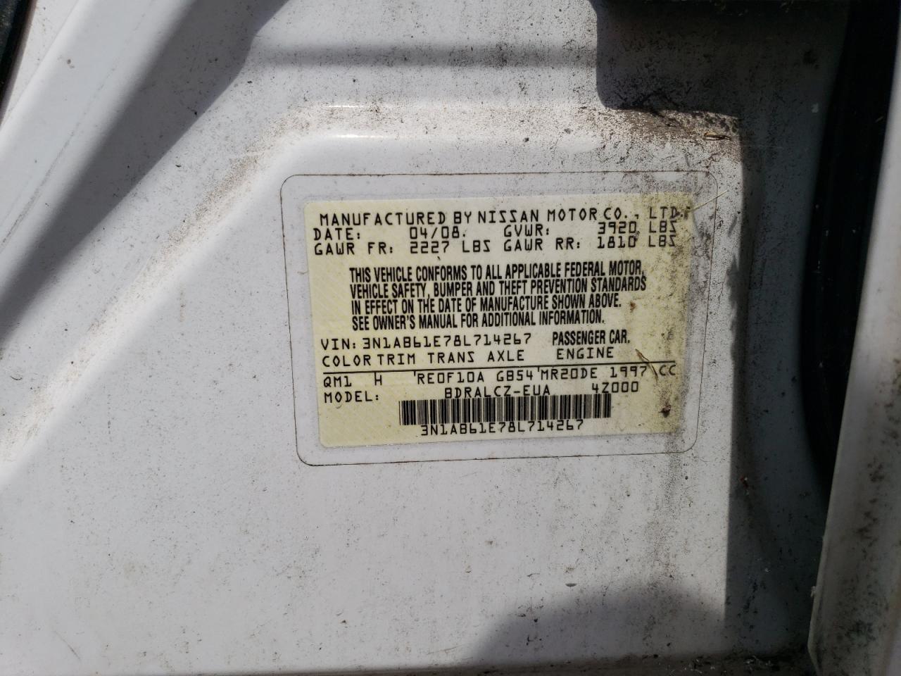 2008 Nissan Sentra 2.0 VIN: 3N1AB61E78L714267 Lot: 60046624