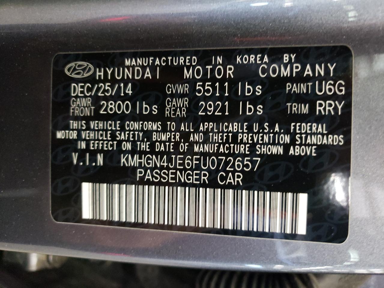 2015 Hyundai Genesis 3.8L VIN: KMHGN4JE6FU072657 Lot: 58507194