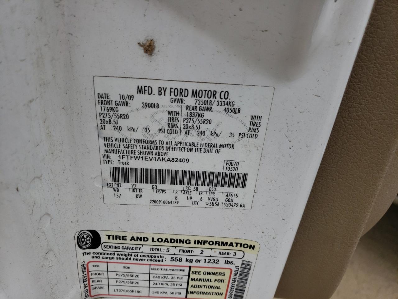 2010 Ford F150 Supercrew VIN: 1FTFW1EV1AKA82409 Lot: 60459154