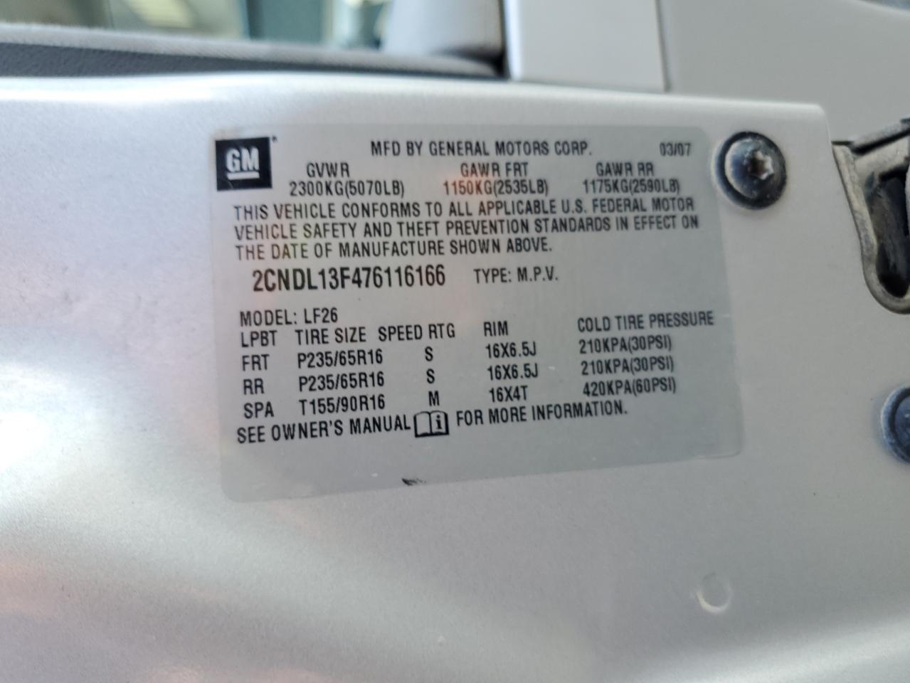 2CNDL13F476116166 2007 Chevrolet Equinox Ls