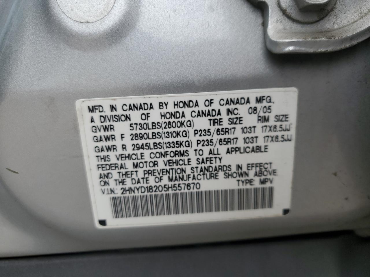 2005 Acura Mdx VIN: 2HNYD18205H557670 Lot: 58683374