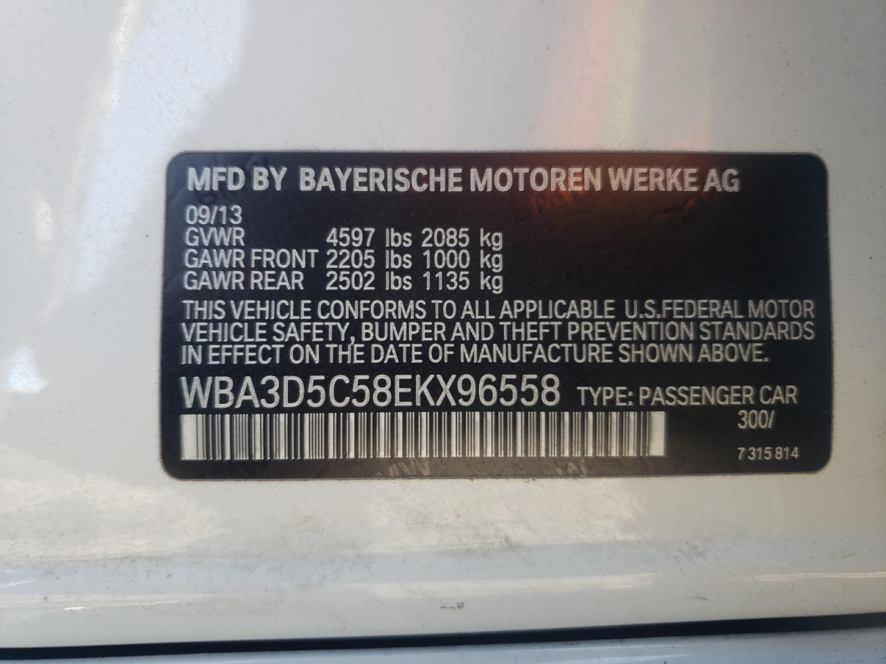 2014 BMW 328 D xDrive VIN: WBA3D5C58EKX96558 Lot: 58893154