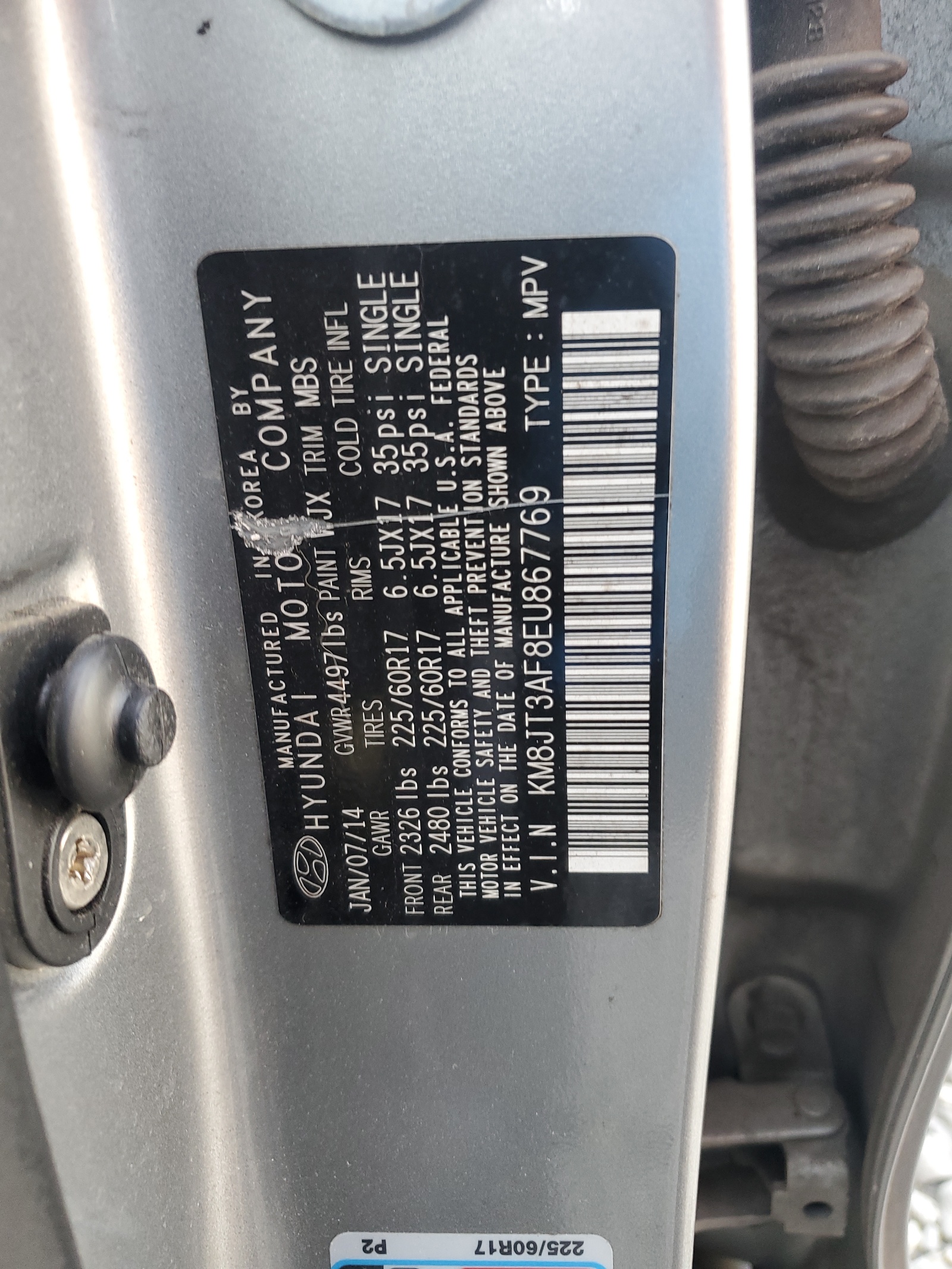 KM8JT3AF8EU867769 2014 Hyundai Tucson Gls