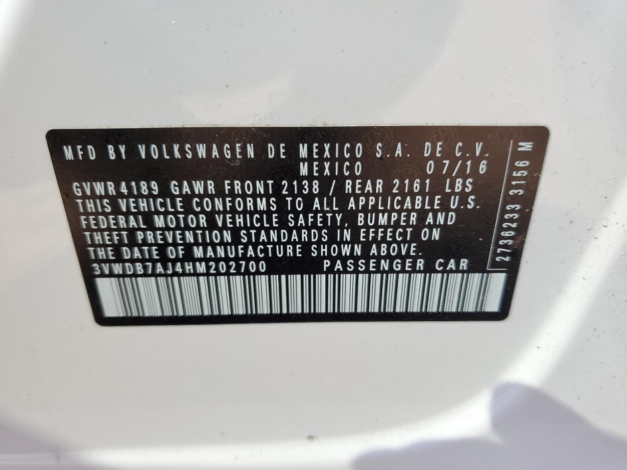 2017 Volkswagen Jetta Se VIN: 3VWDB7AJ4HM202700 Lot: 58541694