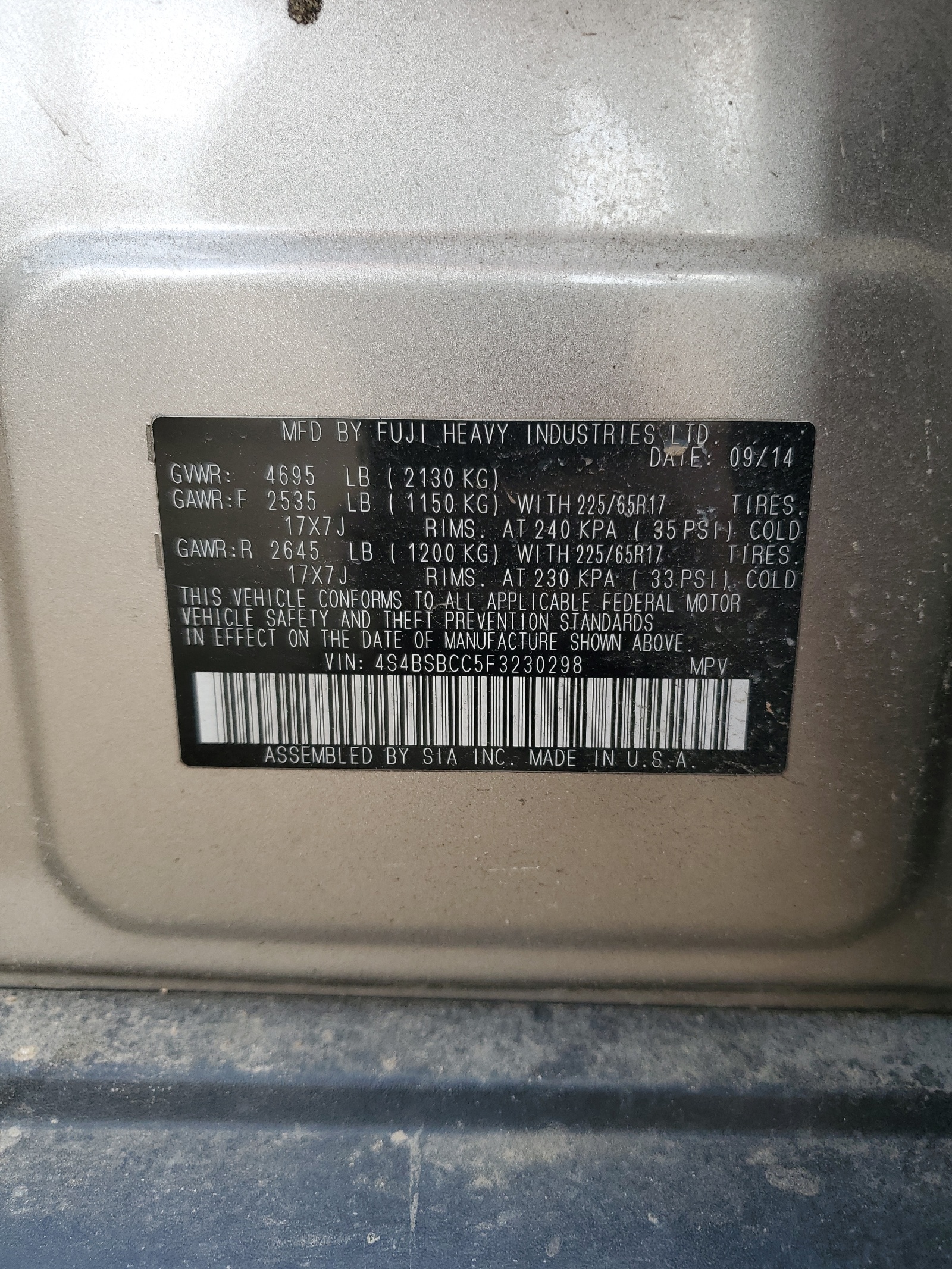 4S4BSBCC5F3230298 2015 Subaru Outback 2.5I Premium