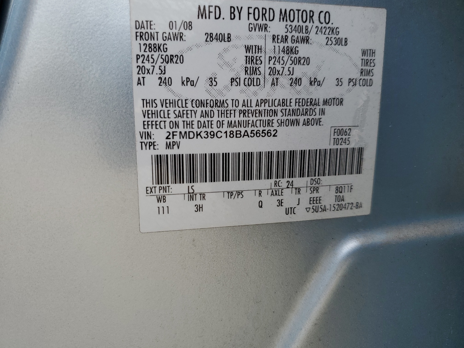 2FMDK39C18BA56562 2008 Ford Edge Limited