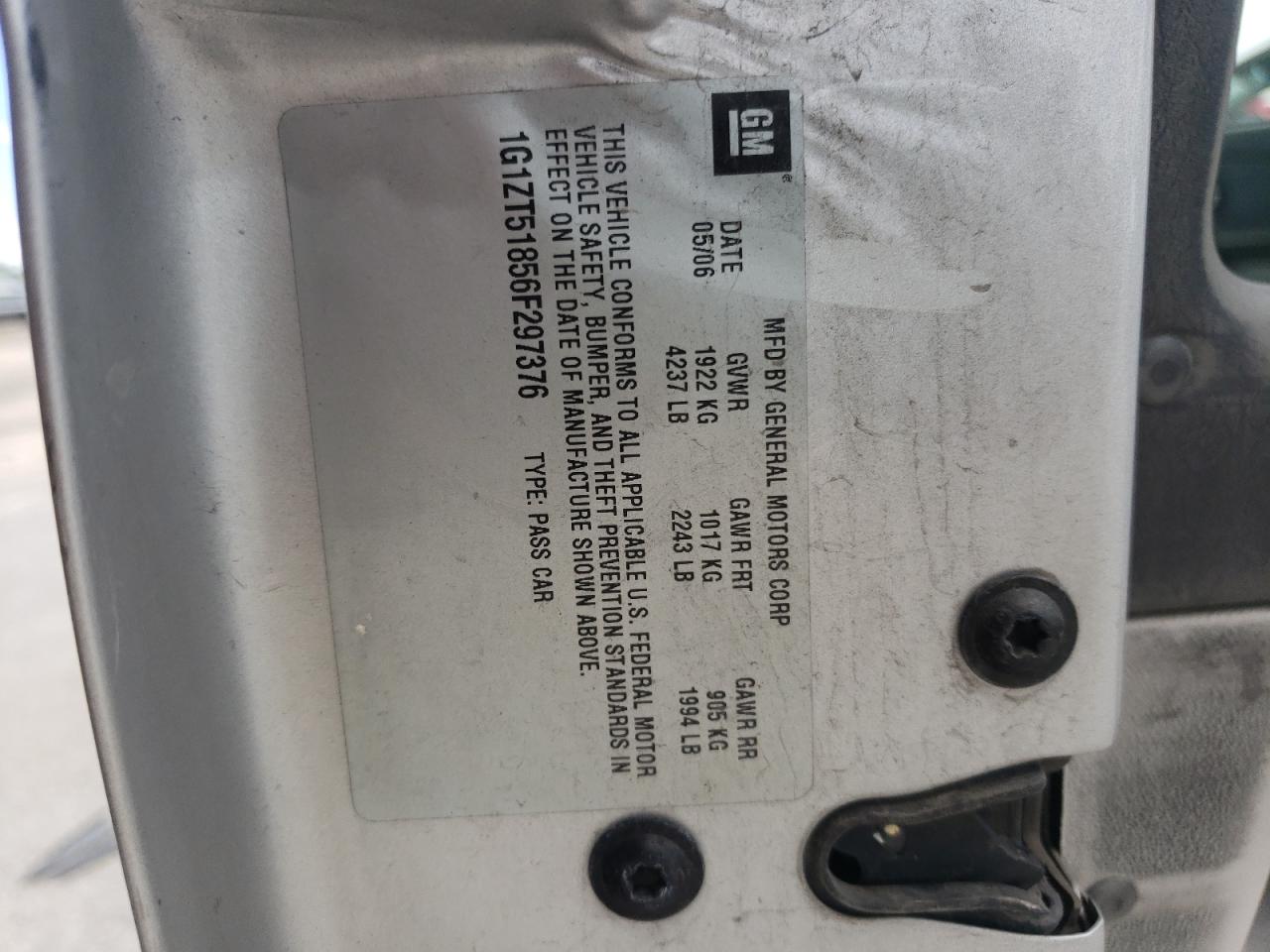 2006 Chevrolet Malibu Lt VIN: 1G1ZT51856F297376 Lot: 60342364