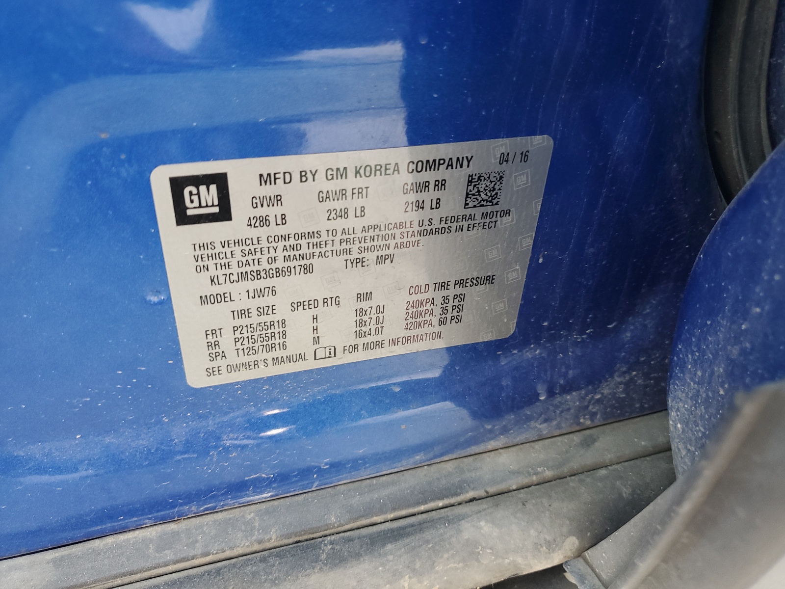 KL7CJMSB3GB691780 2016 Chevrolet Trax Ltz