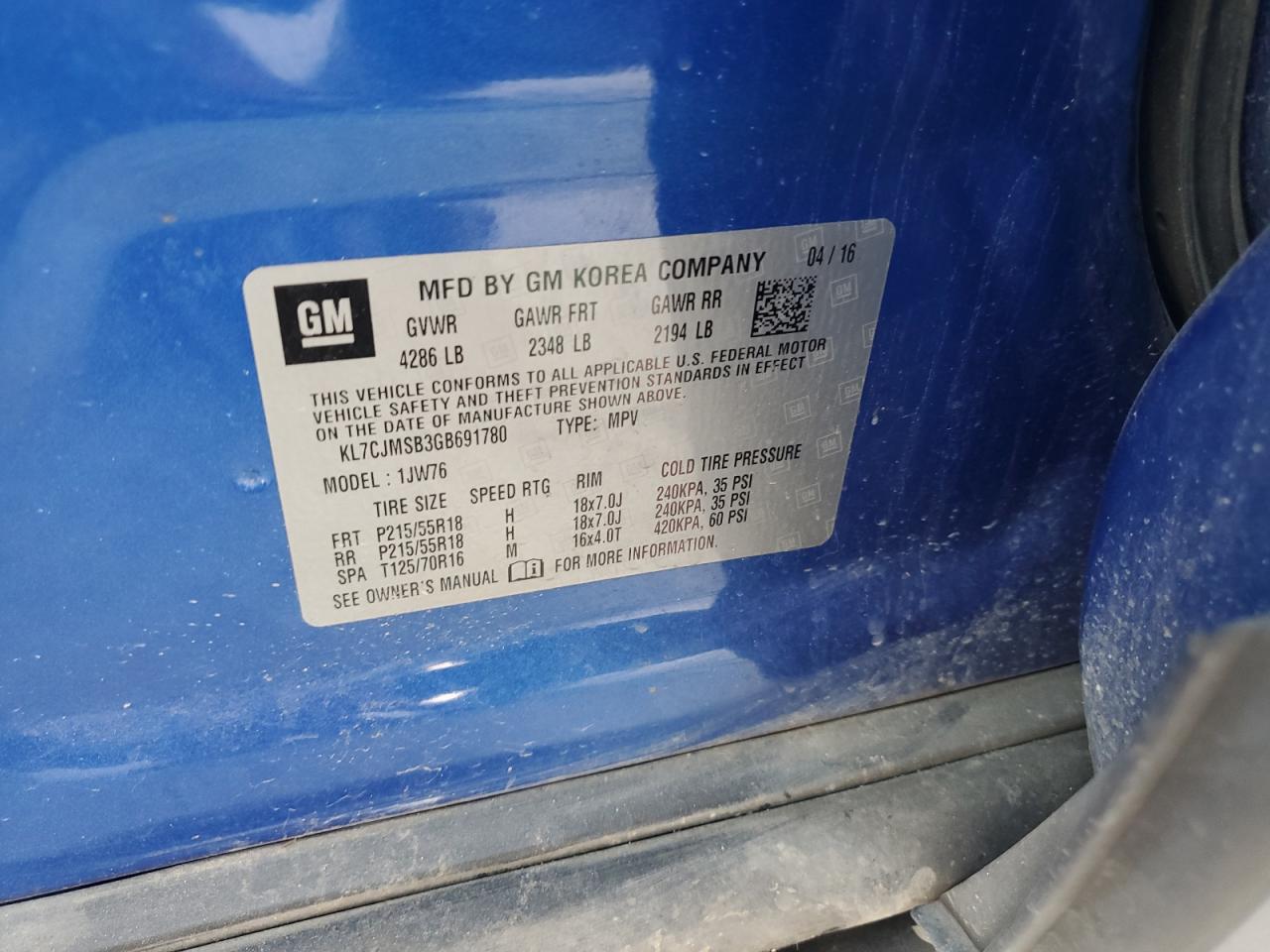 2016 Chevrolet Trax Ltz VIN: KL7CJMSB3GB691780 Lot: 60061674