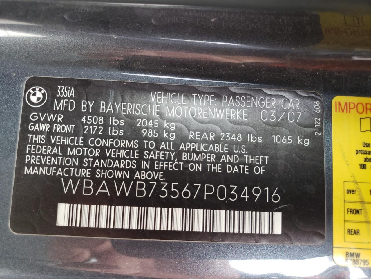 2007 BMW 335 I VIN: WBAWB73567P034916 Lot: 57526564