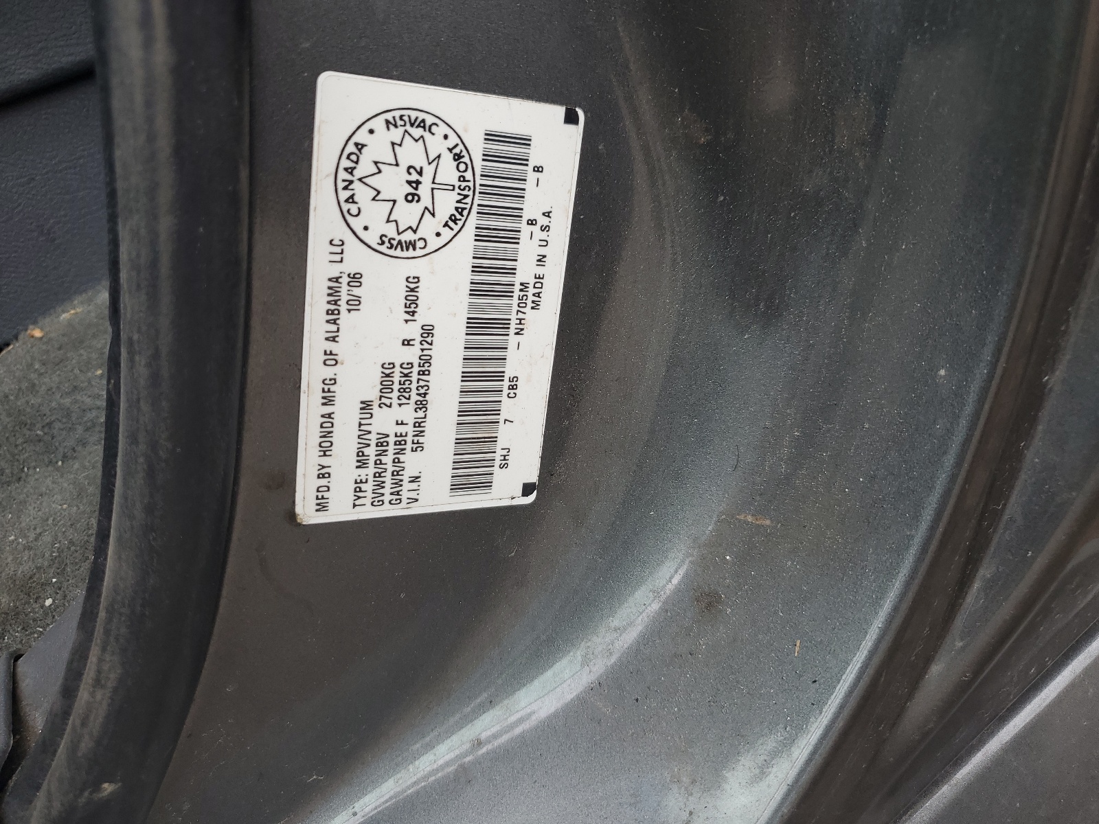 5FNRL38437B501290 2007 Honda Odyssey Ex