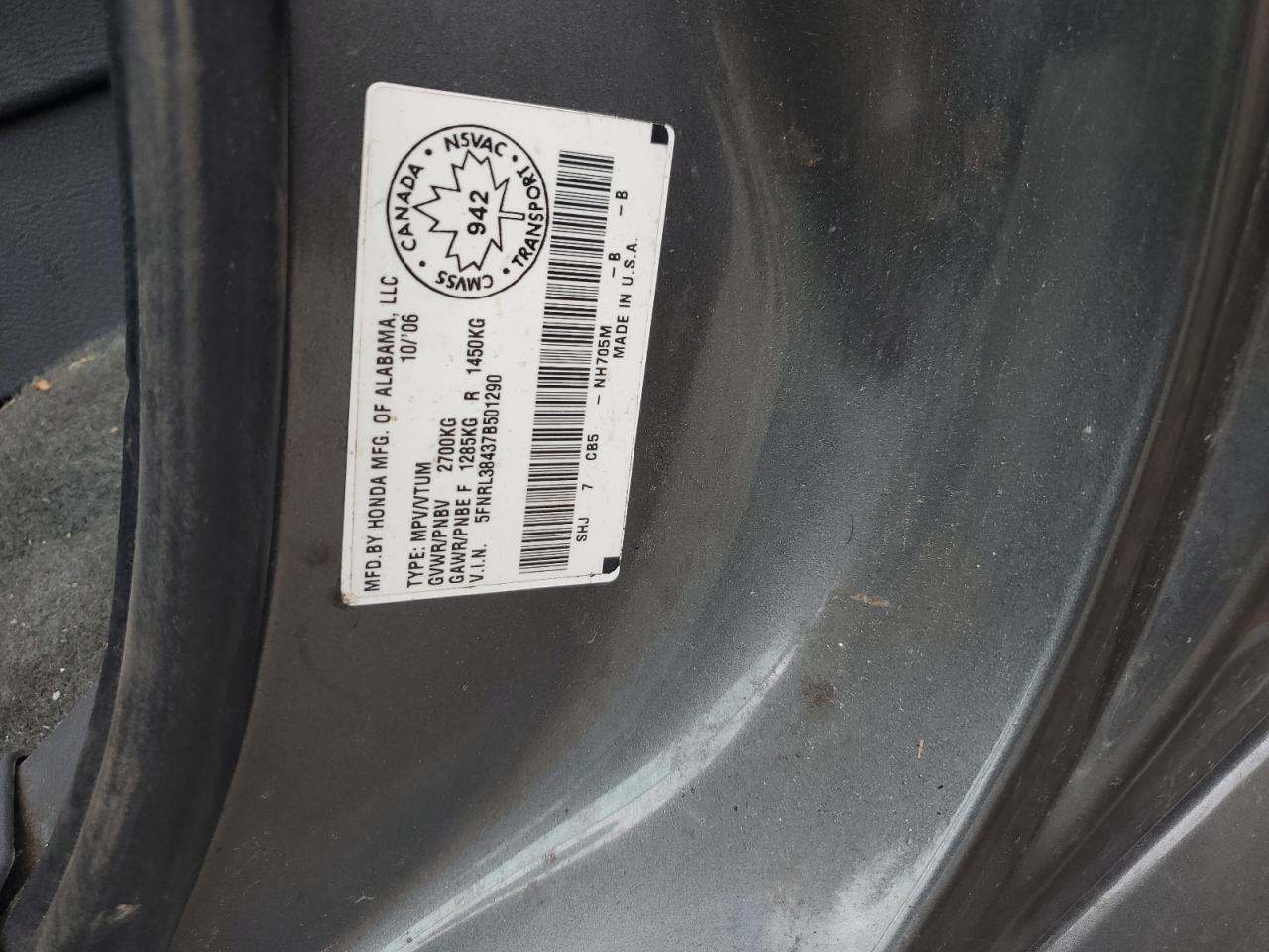 2007 Honda Odyssey Ex VIN: 5FNRL38437B501290 Lot: 59231894