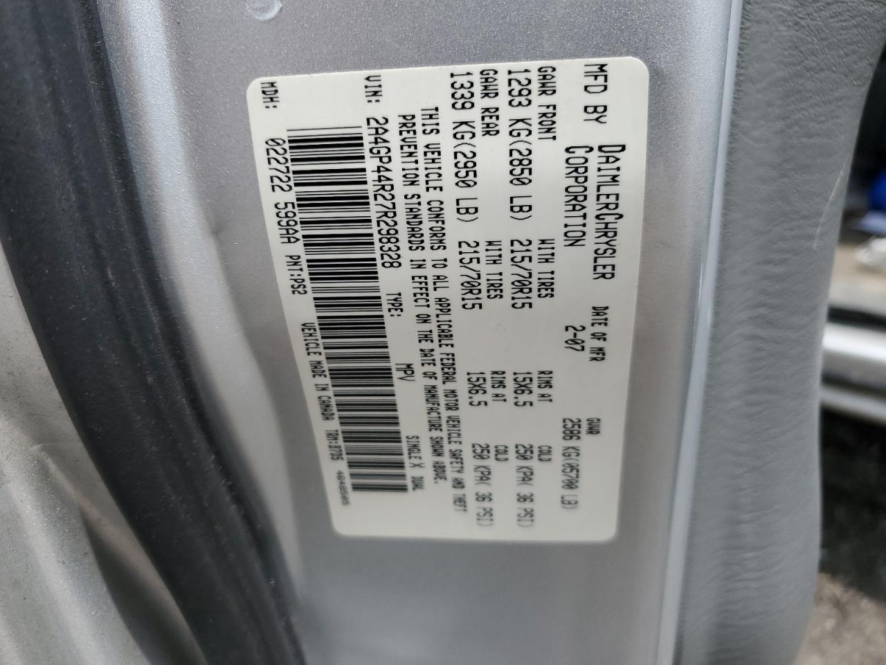 2007 Chrysler Town & Country Lx VIN: 2A4GP44R27R298328 Lot: 60470944