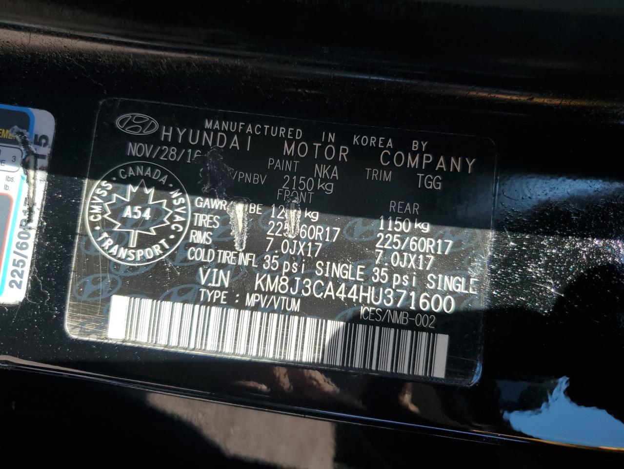 2017 Hyundai Tucson Limited VIN: KM8J3CA44HU371600 Lot: 60386904