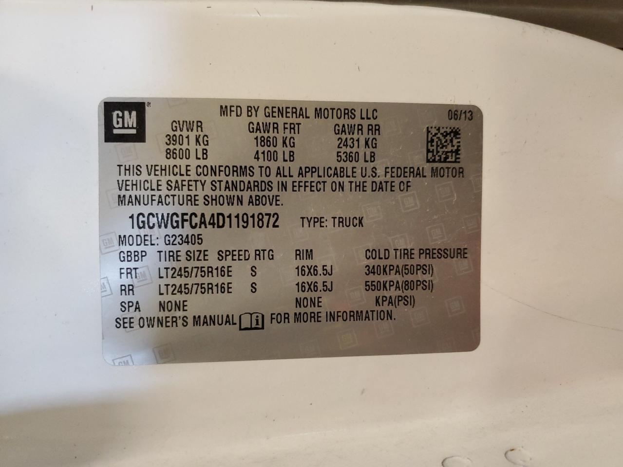 2013 Chevrolet Express G2500 VIN: 1GCWGFCA4D1191872 Lot: 60229094